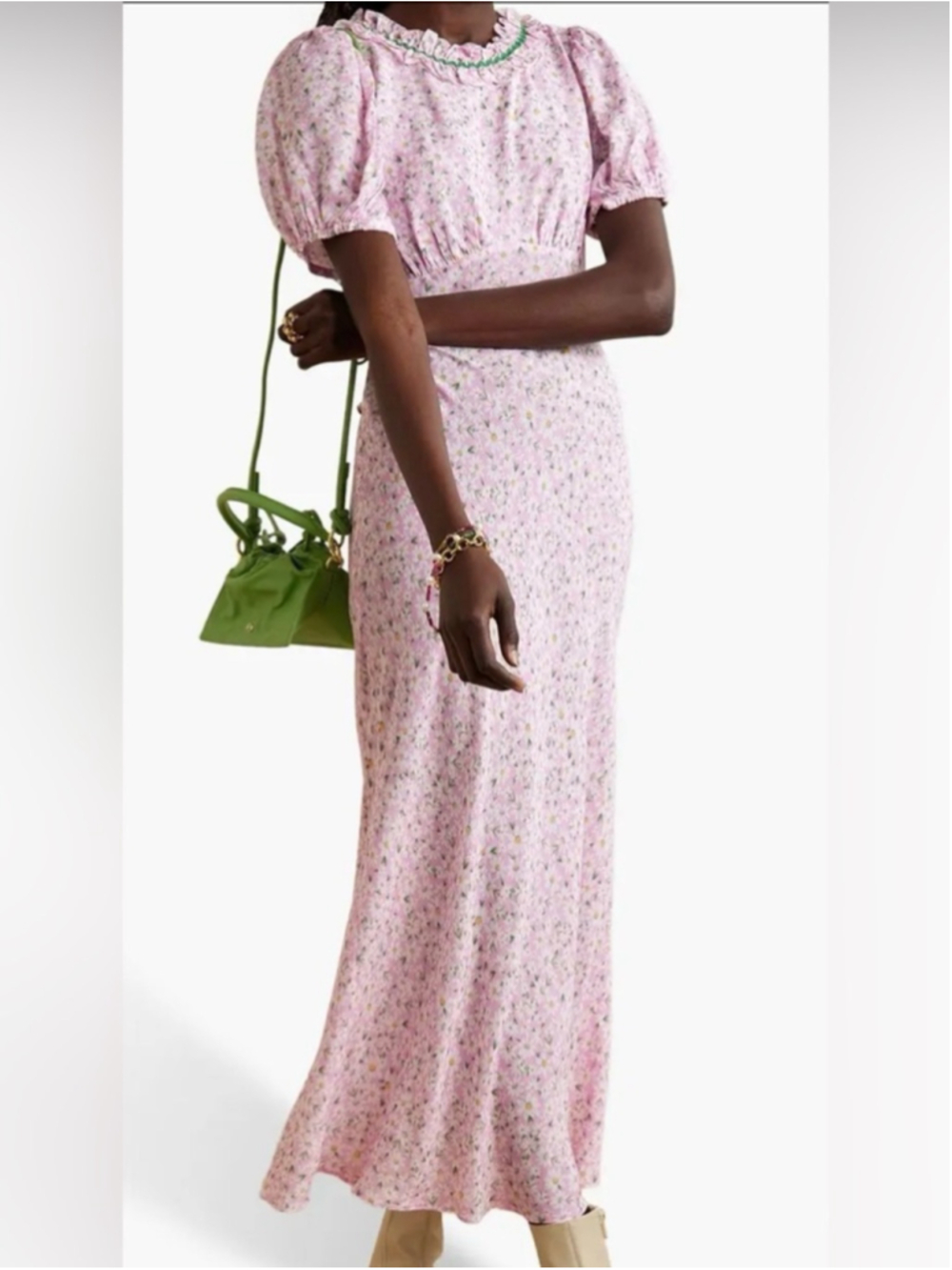 Rixo Deia Pink Floral Ruffled Midi Dress Puff Sleeve Voile Small - Picture 2 of 12
